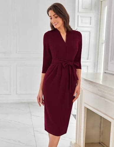 Office Dresses V Neck 3/4 Sleeve Church Dresses for Women Midi Pencil Dress L Burgundy - Thumbnail 5
