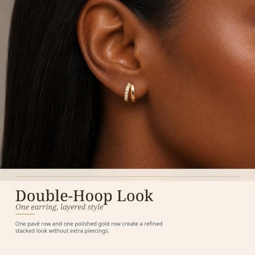 Small Gold Huggie Hoop Earrings for Women, Cubic Zirconia Double Hoops - Thumbnail 2
