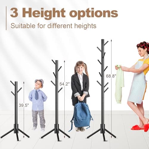 Aliphon Wooden Coat Rack Stand, Freestanding Coat Rack with 8 Hooks, 3 Adjustable Size Coat Tree for Hats, Coats, Scarves bags, Coat Hanger Stand Used in Bedroom/Office/Entryway,2 PCS (Black) - Thumbnail 4