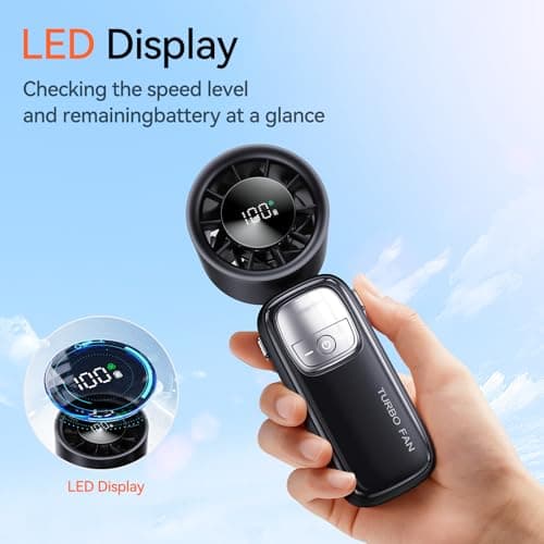 KIMMOO 3-in-1 Portable Handheld Turbo Fan-100 Speeds, 15000 RPM, 10Hrs Cooling, LED Display, 90° Rotation, Small Travel Fan, Mini Foldable Hand Held Personal Fan for Women Men (Black) - Thumbnail 5