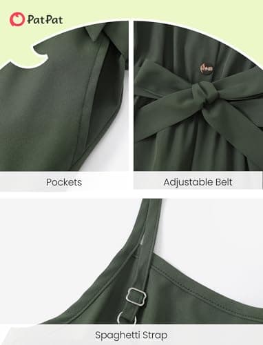 PATPAT Girls Rompers Size 9-10, Olive Green, Cute Jumpsuits For Kids, Backless Wide Leg Sleeveless Hawaiian Rompers With Pockets, Spaghetti Strap Jumpsuits With Belt, Kids Birthday Outfit - Thumbnail 6