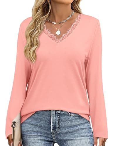 JUSTFASHIONNOW Lace Long Sleeve Tops for Women V Neck T Shirts Business Casual Blouses Cute Tunic Tops Trendy Comfy Tee Winter Outfits 2025 (Pink,Medium) - Thumbnail 5