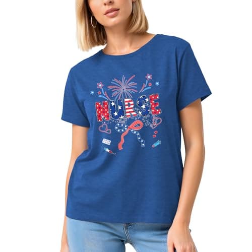 Vrytw Patriotic Nurse Shirt Women-Cute American Fireworks Bows Short Sleeve 4th of July Nurse Shirts B-Blue - Thumbnail 4