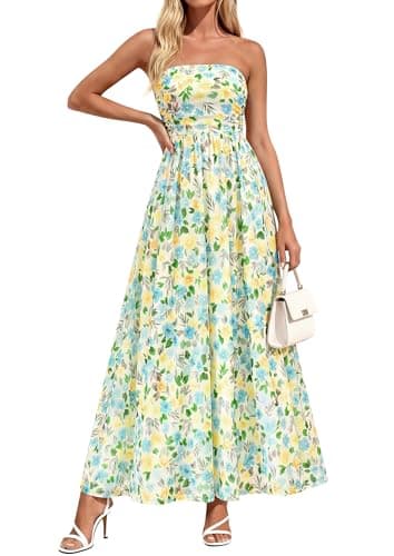 PRETTYGARDEN Women Strapless Maxi Dress 2026 Summer Floral Tube Top Ruched Beach Spring Wedding Guest Long Dresses (Floral White Light Green,X-Large) - Image 1