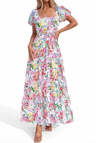 BTFBM Summer Dress for Women 2026 Spring Floral Short Sleeve Casual Flowy A-Line Smocked Tiered Maxi Dresses Pockets(Floral White Multicolor, Small) - Thumbnail 6