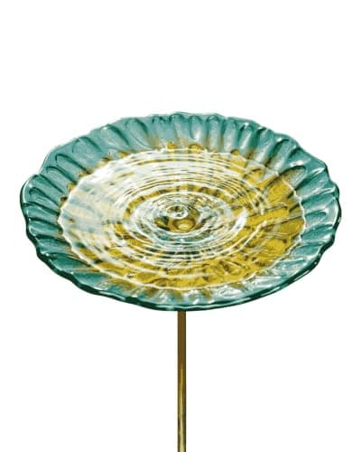 OUISJYER Glass Bird Bath for Outside, 10.6" Handcrafted Birdbath Bowl with 4-Prong Stake, 26" H Colorful Outdoor Bath or Feeder for Hummingbirds & Small Birds, Garden Yard Lawn Decor, Yellow - Image 1