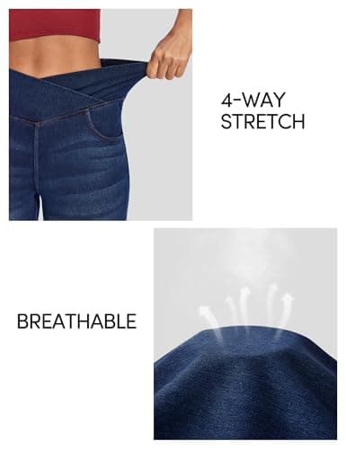 IUGA Stretchy Jeans for Women Bell Bottom Jeans V Cross High Waisted Jeggings Pull On Wide Leg Sweatpant Jean Flare Leggings(Whiskers Dark Wash, XX-Large) - Thumbnail 4