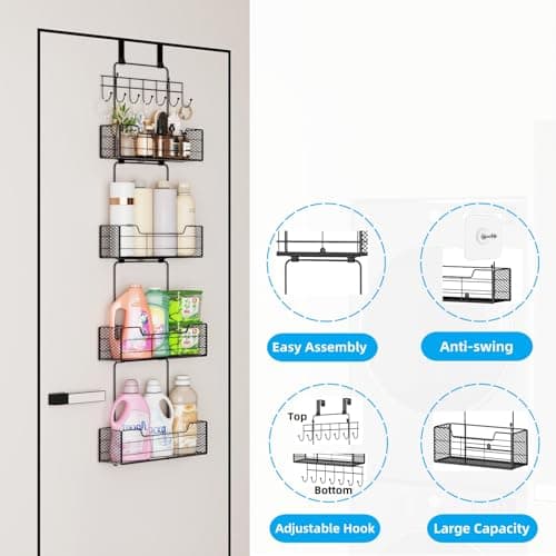 Over The Door Organizer Storage with 4 Metal Large Capacity Baskets,Door Organizer Hanging with Adjustable Hooks,Behind Door Storage Organizer for Bedroom Bathroom Kitchen Office Pantry Closet - Thumbnail 3