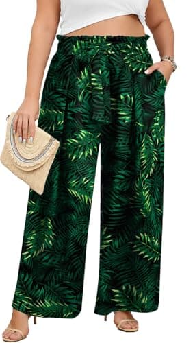 Lastshe Plus Size Pants for Curvy Women Wide Leg Elastic High Waisted Pants Casual Stretchy Summer Beach Boho Palazzo Trousers, Green Black Floral, 2X - Image 1