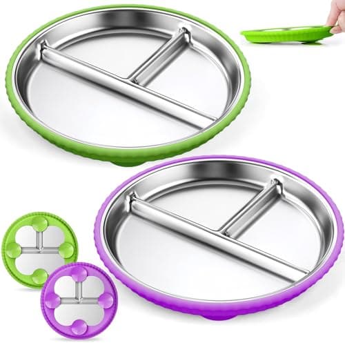 Semloo Stainless Steel Kids Plates with Suction, 2Pack 9" Divided Toddler Plates Removable Non Slip Silicone Sleeves Baby Feeding Led Weaning Supplies, BPA Free, Unbreakable Dishwasher Safe - Image 1