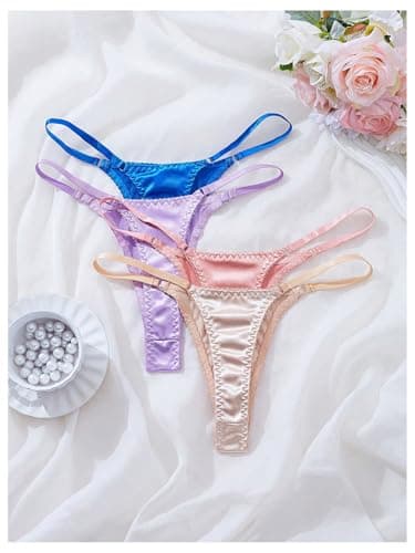 SHENHE Women's 4 Pack Satin G String Thongs Low Rise Silky Sexy Thongs Panties Underwear Blue Pink Purple Khaki Small - Thumbnail 4