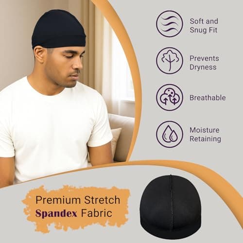 DURALA Adjustable Wave Caps for Men, Premium Elastic Stocking Cap for 360 540 720 Wave (Black+Black) - Thumbnail 5