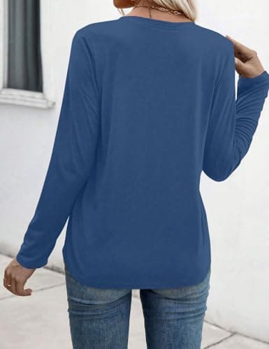 JUSTFASHIONNOW Pleated Long Sleeve Shirts for Women V Neck Dressy Casual Business Blouses Fall Tops 2025 Trendy(Blue,XX-Large) - Thumbnail 6