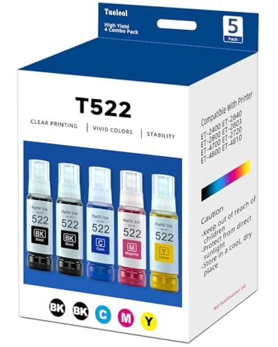 522 Ink Refill Bottles (5 Bottles) Compatible for Epson EcoTank ET-2800 ET-2400 ET-4800 ET-2803 ET-2720 ET-4700 ET-4810 ET-2840 Printers (2 Black, 1 Cyan, 1 Magenta, 1 Yellow) - Image 1