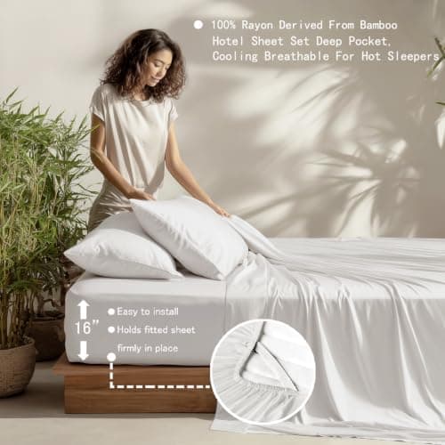 NATUREFIELD 100% Rayon Viscose Derived from Bamboo Sheets Set - 4 Piece- Hotel Luxury Silky-Smooth Feel,Cooling Breathable, for Hot Sleepers, 16" Deep Pocket, 240 Thread Count. White California King - Thumbnail 4