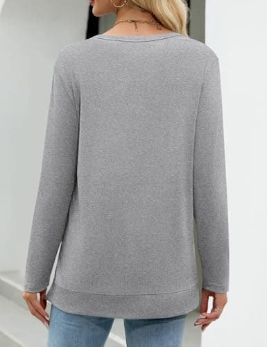 JUSTFASHIONNOW Womens Long Sleeve Tunic Tops to Wear with Leggings Crew Neck Side Split Layering Shirts Loose Fit Long Tops Light Gray - Thumbnail 5
