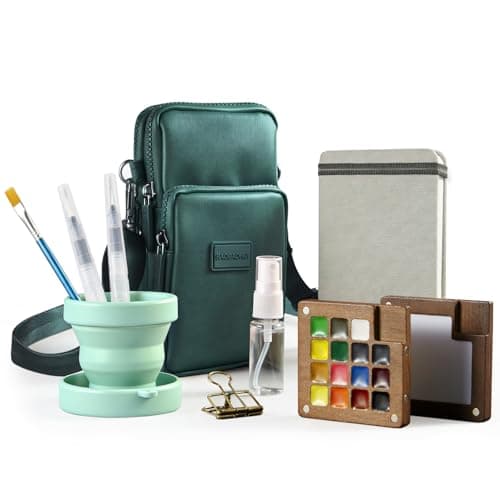 Mini Watercolor Paint Set, All-in-One 15-Color Walnut Wood Travel Kit with Crossbody Bag, Watercolor Journal, Metal Clip, Water Cup, Water Brush, Portable Pocket Art Set for Adult Art Lovers (Green) - Image 1