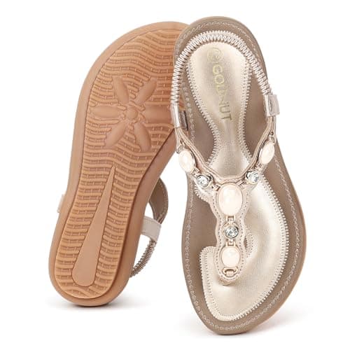 Goldnut Sandals for Women Dressy Summer - Rhinestone Ankle Elastic T-Strap Women's Flat Comfortable Beach Thong Shoes Champagne Size US 6 - Image 1