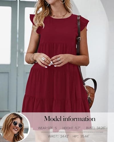 KIRUNDO Wedding Guest Dresses for Women Short Summer Sleeveless Ruffle Sleeve Round Neck Loose Short Flowy Pleated Tiered Mini Dress(Wine Red, Large) - Thumbnail 4