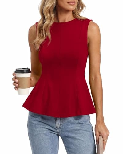 BTFBM Womens Summer Tops 2026 Business Casual Outfits Crew Neck Sleeveless Shirts Slim Fit Peplum Tank Top(Red, X-Large) - Image 1