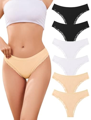 ANSUKOO 6-Pack Cotton Thongs for Women,Lace Underwear,Ladies Breathable Comfort Panties,Soft Laser Cut Undies,Gym Sport Tanga - Image 1