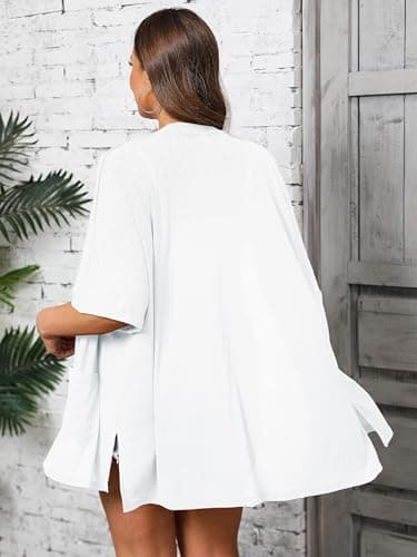 AusLook Plus Size White Cardigan for Women 1X Short Sleeve Lightweight Open Front Shrug with Pockets for Dresses and Layering - Thumbnail 2