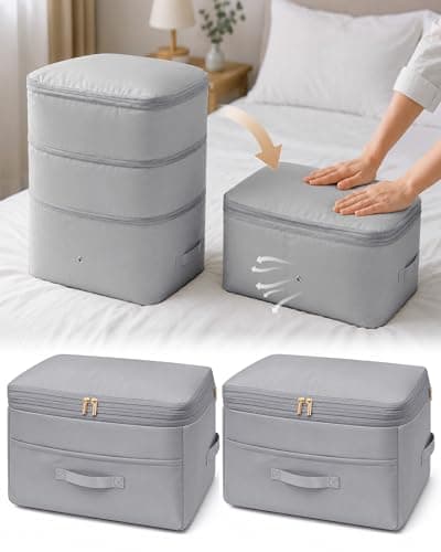 Ultra Space Saving Self Compression Organizers, 2 Pack Double Zipper Compression Packing Cubes for Bedding, Comforter Storage Bag for Blankets Duvet Quilts Pillows Queen King (Gray, X-Large)