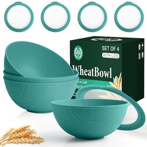Homienly Bowls with Lids, Wheat Straw Bowl Set of 4-40 OZ Cereal Bowls and Silicone Edge Lids,Unbreakable Food Containers for Meal Prep, Salad, Lunch, Kitchen, Camping, Picnic, RV (4 Sets,Green)