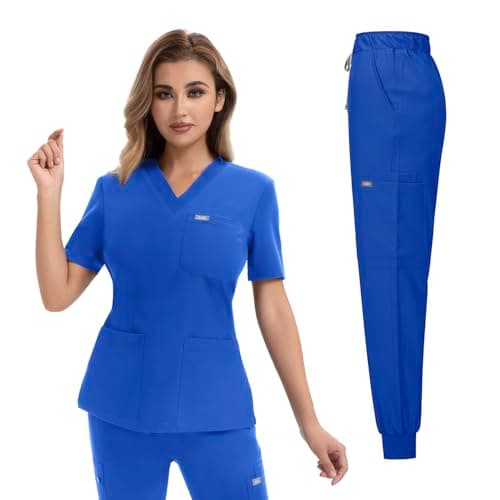 YEZEX Scrubs for Women Set, Medical Scrubs Top & Pants, Jogger Scrub Set w/ 10 Pocket, Slim Fit(Black)