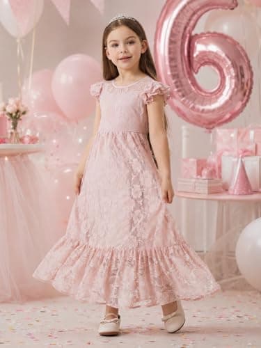 ALLOVIN Toddler & Girls Spring Easter Lace Flower Girl Dress for Wedding Baptism First Communion Maxi Boho A-Line | Flutter Sleeve Dusty Pink | 3-4Y - Thumbnail 6