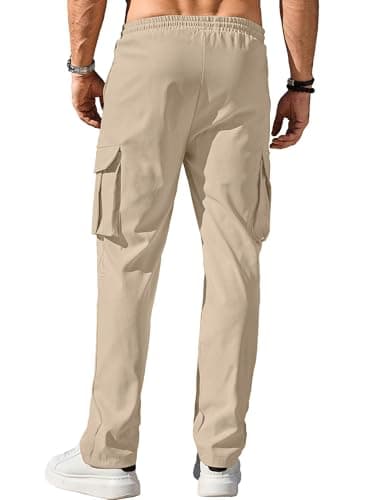 Comdecevis Men's Casual Cargo Pants Workout Joggers Stretch Sweatpants Hiking Drawstring Tactical Pants with Multi Pockets Light Khaki - Thumbnail 4