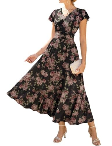 GRACE KARIN Women Summer Dress,Maxi Floral Dresses,V Neck Wedding Guest Flowy Dress 2026 Black-Based Clustered Roses S - Thumbnail 2