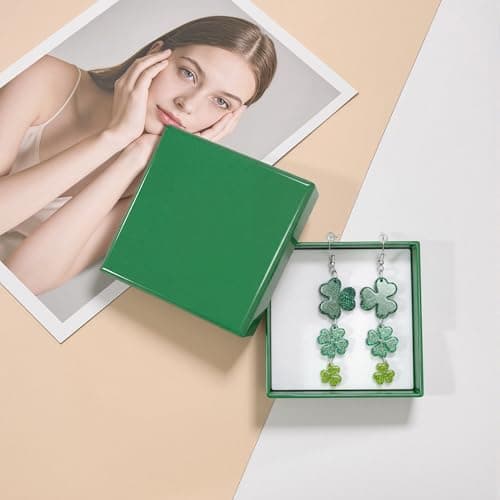 St Patricks Day Shirt Women - Green Shamrock Earrings for Women - St Patricks Day Accessories Outfit | Clover Horseshoe Drop Earrings for Irish Festival Gift - Thumbnail 4