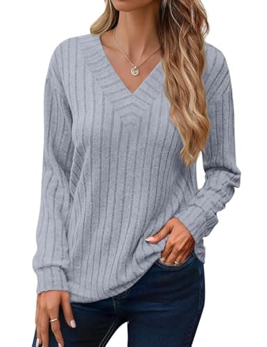 JUSTFASHIONNOW Womens V Neck Long Sleeve Shirt Fall Fashion Tunic Tops Dressy Casual Sweaters 2025 Trendy Work Blouses Outfits(Sky Blue,X-Large) - Thumbnail 4