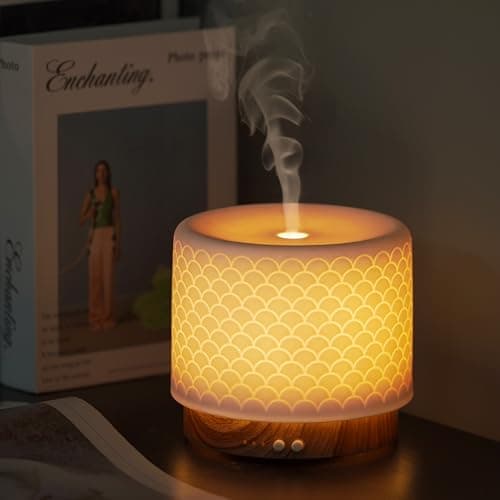 Essential Oil Diffuser -280ml Ceramic Diffuser for Large Room&Commercial Use, 2.4MHz Cool Mist Humidifier & Independent Decorative Light & Aromatherapy Diffuser,2 Mist,Timer,Auto-Off