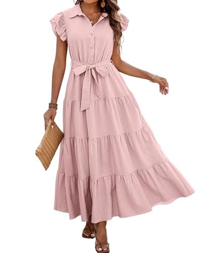 dowerme Women's Summer Dresses 2025 Cap Sleeve Button V Neck Tie Waist Pleated Tiered Loose Fit Boho Flowy Shirt Dress(Pink,X-Large) - Image 1