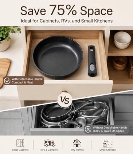 USELUCK 9.5 Inch Nonstick Frying Pan with Detachable Handle, Non Toxic Ceramic Skillet for Cooking, Induction Cookware with Removable Handle, Dishwasher & Oven Safe, PFAS PFOA & PTFE Free, Black - Thumbnail 4