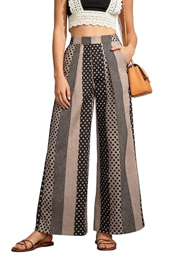 Ystguic Wide Leg Palazzo Lounge Pants for Women Button Down High Waisted with Pockets Bohemian Print Loose Pant 2025 Trendy Going Out Trousers YG085 X-Large Khaki and Black Dot XL - Image 1