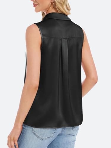 Funlingo Black Silk Tank Tops for Women Dressy Casual Sleeveless Shirts Satin V Neck Camisole Blouses Business Casual Basic Work Outfits S - Thumbnail 5