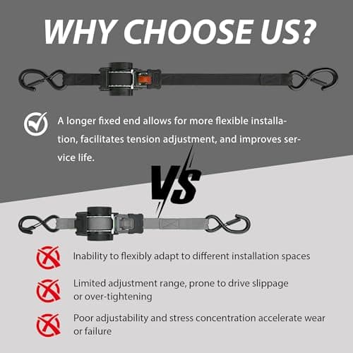 Retractable Ratchet Straps1In x 13Ft - Heavy Duty Auto Slow Retraction Tie Down Straps - 1,800lb Break Strength Self Retracting for Truck, Cargo Trailer, Motorcycle, ATV, UTV - Black, 4Pack - Thumbnail 3