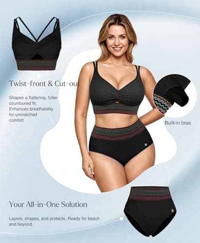 Popilush Tummy Control Swimsuits for Women High Waisted Bikini Sets Two Piece Boho Swimsuit Shapewear 4 Way Wear Beach and Pool Size M Color Black - Thumbnail 3