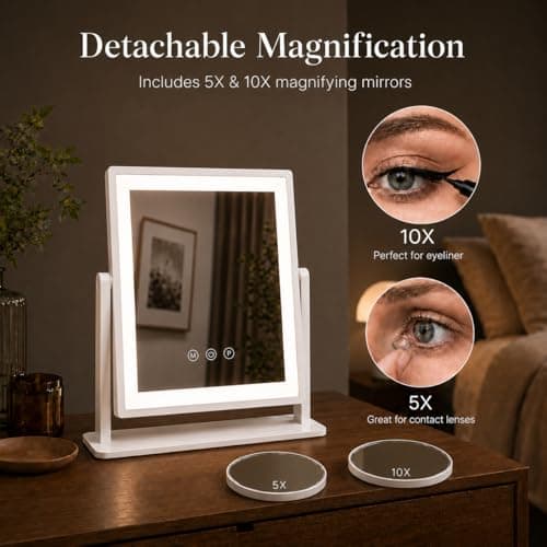 DECADENCE 14.1 Inch LED Vanity Makeup Mirror with Lights for Women and Mom, 10X/5X Detachable Magnifiers, 3 Color Modes, Dimmable Touch Control, 360 Degree Rotation, Tabletop Cosmetic Mirror - Thumbnail 3