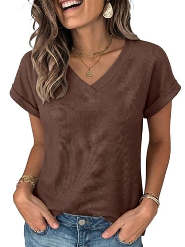 ANRABESS Womens Waffle Knit Tops 2026 Summer Casual Short Sleeve V Neck T Shirts Basic Work Tee Spring Vacation Blouses Brown XX-Large - Image 1