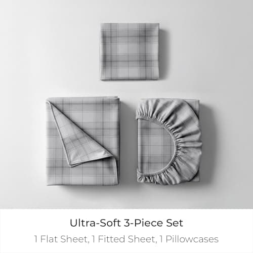 Mellanni Flannel Bed Sheet Set - 3 Piece Luxury 100% Heavyweight 180GSM Cotton - Cozy, Soft & Breathable - Deep Pockets with All-Around Elastic - Warm & Comfortable (Twin, Light Gray Plaid) - Thumbnail 3