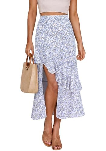BTFBM Women 2026 Spring Summer Long Skirts Dress Boho Floral Elastic Waist Split Ruffle High Low Beach Maxi Skirt Clothes(Z-Light Blue, Large) - Image 1