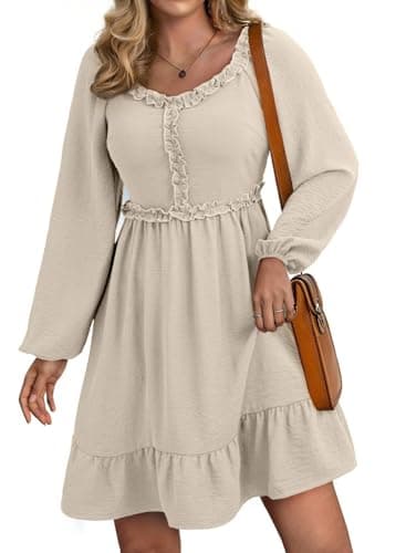 Dokotoo Long Sleeve Dress for Women 2026 Fall Casual Smocked Ruffle Sweetheart Neck Empire Waist Elegant A-Line Mini Dress Apricot XX-Large - Image 1
