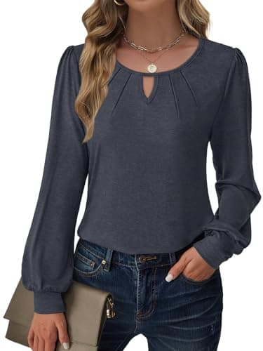 GKBK Womens Long Sleeve Tops Dressy Business Casual Blouses Basic Loose Fit Crew Neck Work Shirt Pleated Keyhole 2025 Fall Winter Clothes Trendy Outfits Navy Blue Small - Image 1