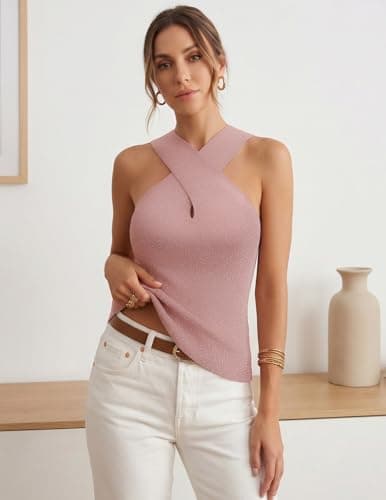 DRESSTELLS Women's Criss Cross Halter Neck Tank Top Ribbed Knit Sleeveless Summer Blouse Solid Color Sparkly Casual Sweater Vest Blush L - Thumbnail 2