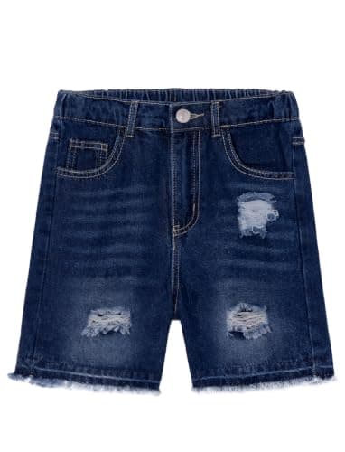PATPAT Boys Denim Shorts Ripped Holes Soft Elastic Band Jeans Shorts with Pockets Casual Mid Elastic Waist Baggy Jorts Dark Blue, 13-14Y - Image 1