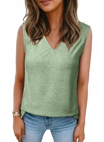 BLENCOT Tank Top for Women V Neck Pleated Business Summer Basic Loose Fit Camisole Trendy 2025 Sleeveless Blouse Smoke Green XX-Large - Image 1